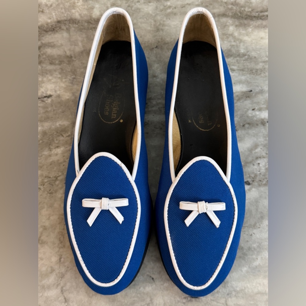 Belgian Shoes Travelette Slipper Royal Blue White Trim Loafer 5 Flat $750 Bowtie